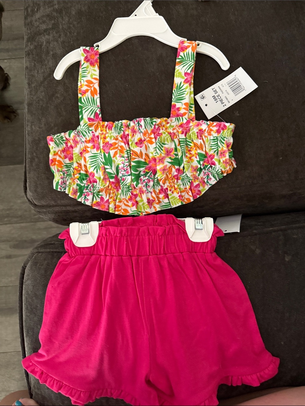 Girls Tropical Floral Crop Top with Bright Pink Elastic Waist Shorts